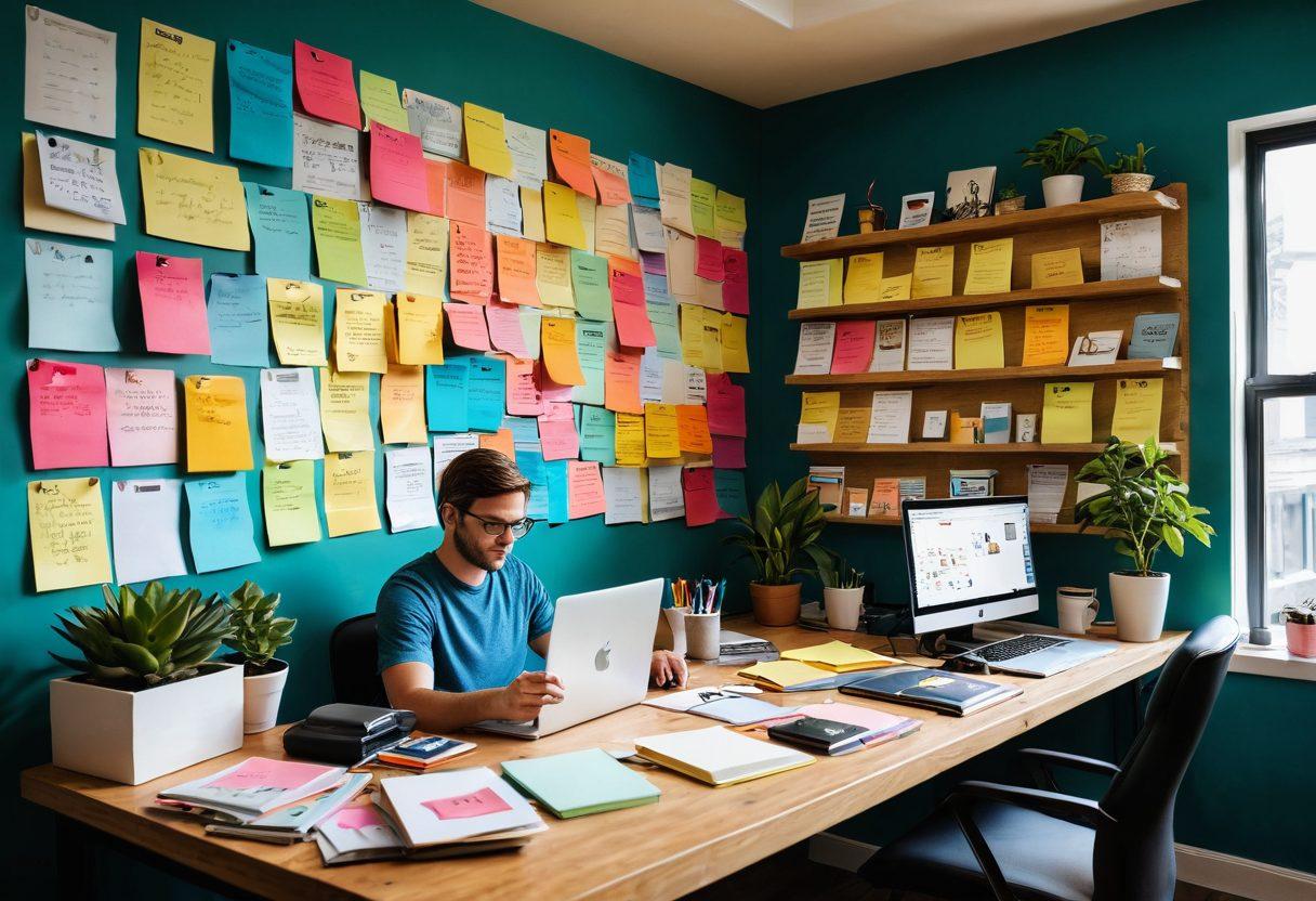 A dynamic scene of a person working at a modern desk filled with notebooks, laptops, and colorful sticky notes, surrounded by a vibrant wall with inspirational quotes about writing. The atmosphere should convey creativity, strategy, and productivity, with light streaming in from a window. Elements like a coffee cup and potted plants add a touch of warmth and comfort. super-realistic. vibrant colors. cozy interior.