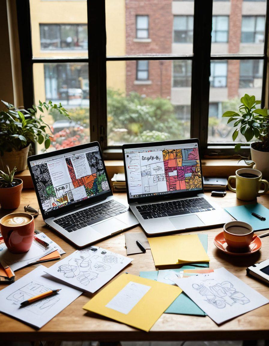 A captivating desk scene showcasing a diverse group of bloggers brainstorming ideas, surrounded by open laptops displaying colorful content strategies. Incorporate an inviting coffee cup, notebooks with doodles, and vibrant post-it notes scattered about, symbolizing creativity and collaboration. The background features a large window with bright sunlight pouring in, illustrating inspiration and ideas flowing freely. super-realistic. warm colors. inviting atmosphere.