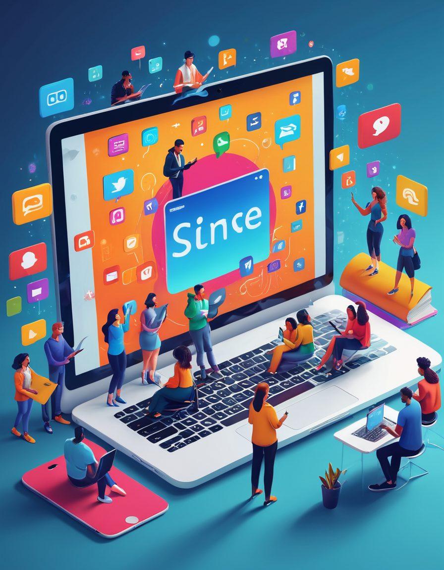 A vibrant illustration of a diverse group of people engaging around a large tablet, sharing content and ideas. The scene includes various tools for blogging like laptops, smartphones, and social media icons floating around. Expressions of enthusiasm and connection among the group highlight community engagement. Bright colors and a lively atmosphere create a welcoming feel. 3D style.
